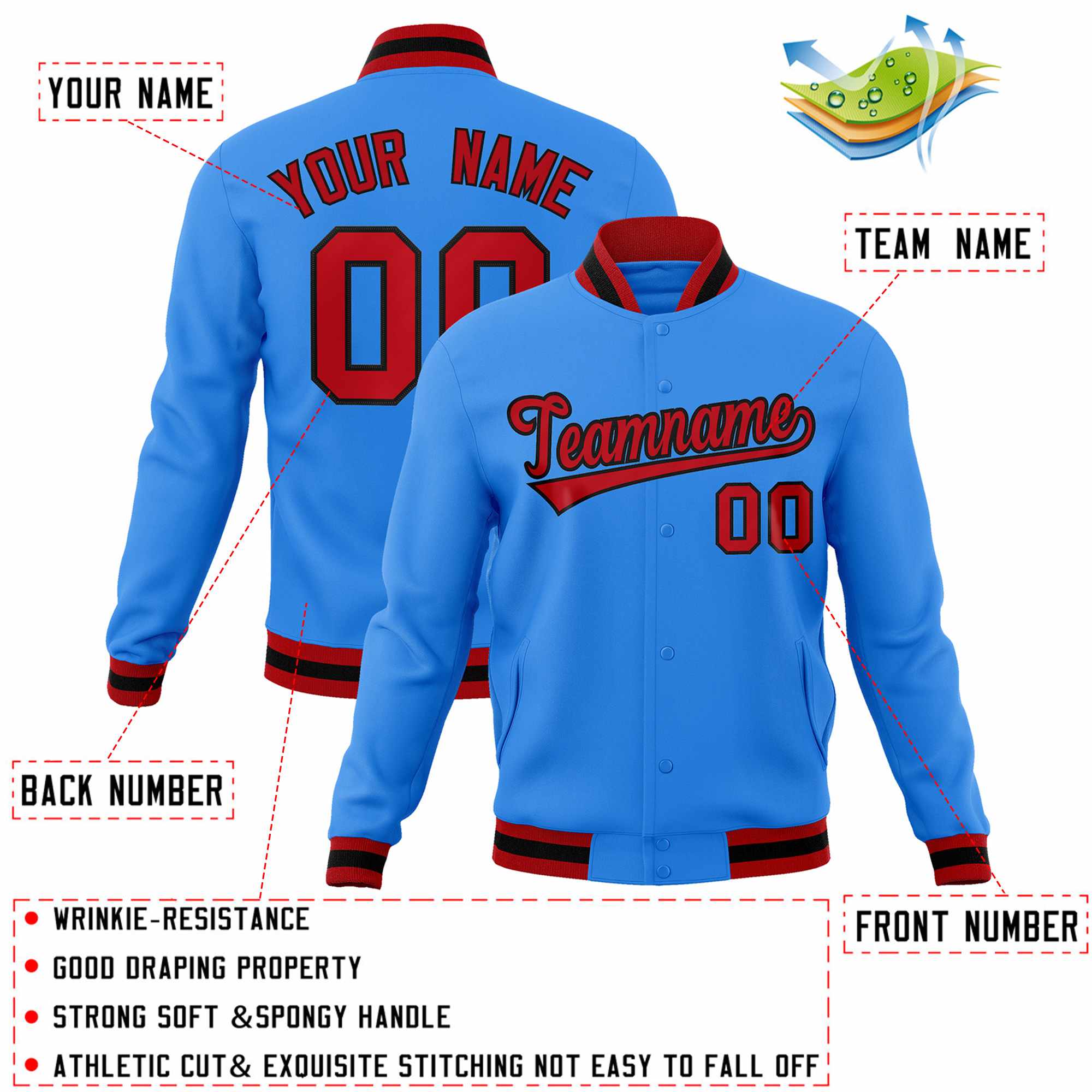 Custom Powder Blue Red-Black Classic Style Varsity Full-Snap Letterman Jacket