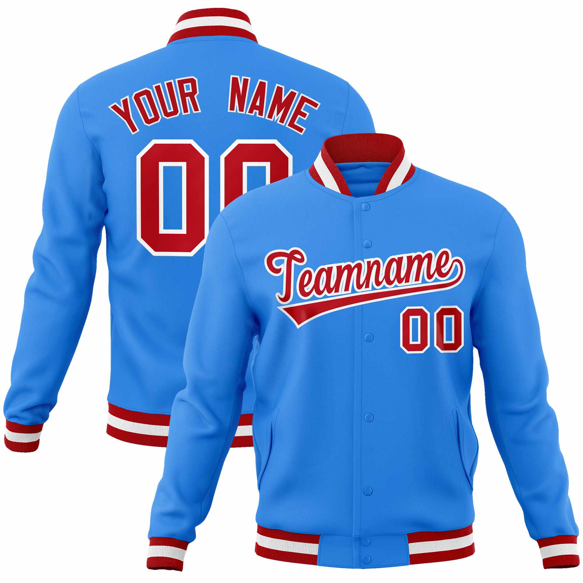 Custom Powder Blue Red-White Classic Style Varsity Full-Snap Letterman Jacket