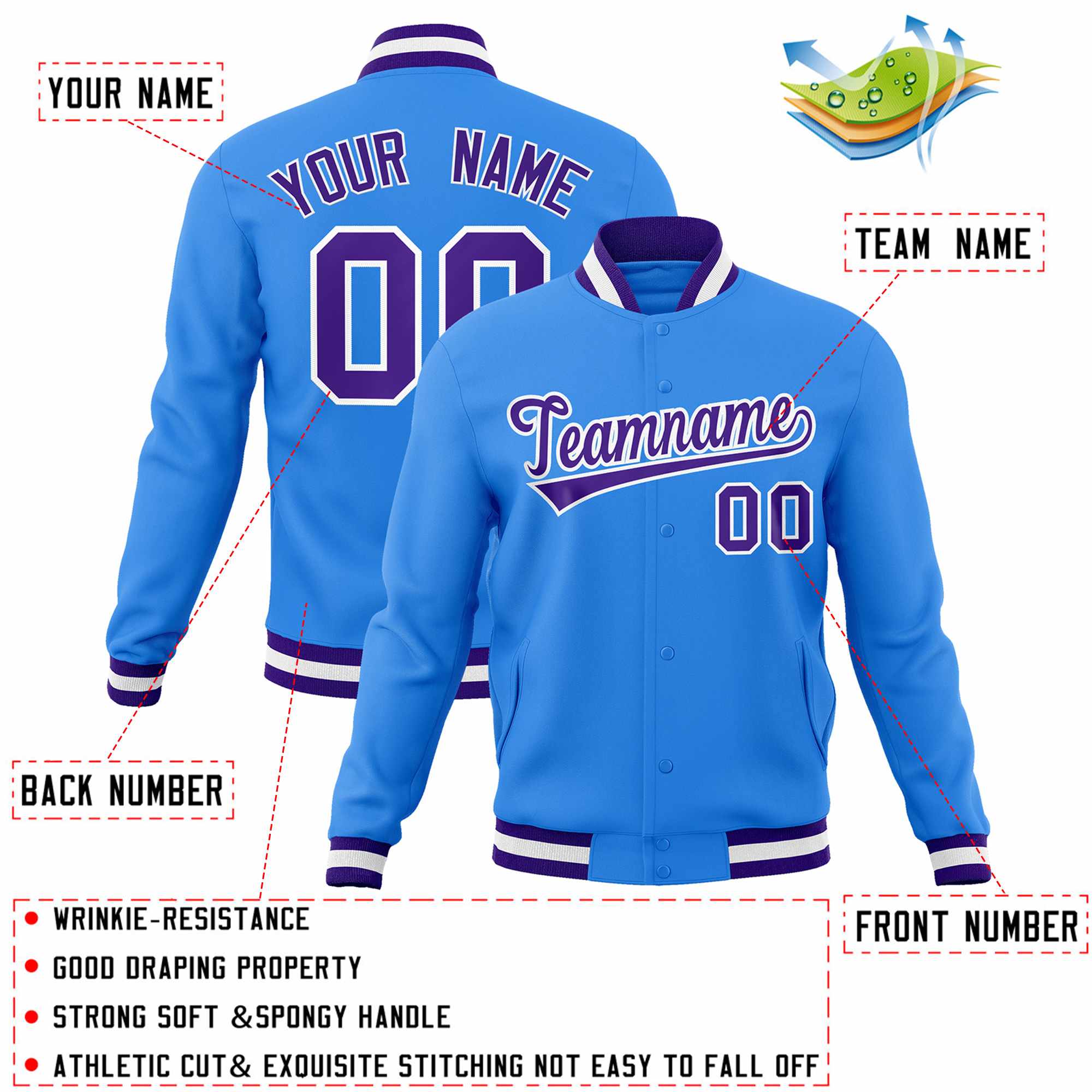 Custom Powder Blue Purple-White Classic Style Varsity Full-Snap Letterman Jacket