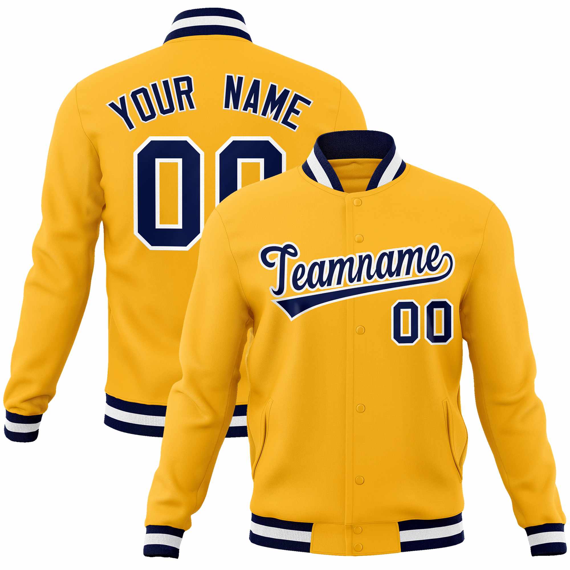 Custom Gold Navy-White Classic Style Varsity Full-Snap Letterman Jacket