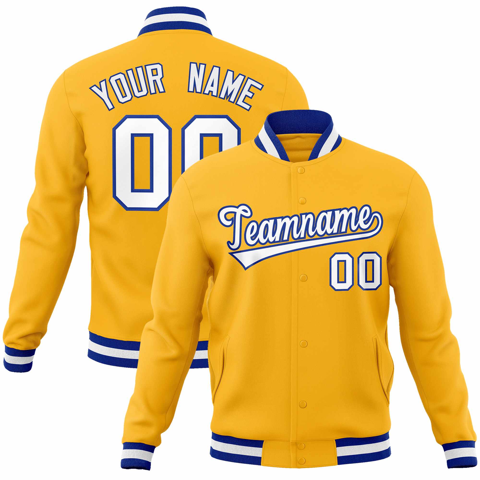 Custom Gold White-Royal Classic Style Varsity Full-Snap Letterman Jacket