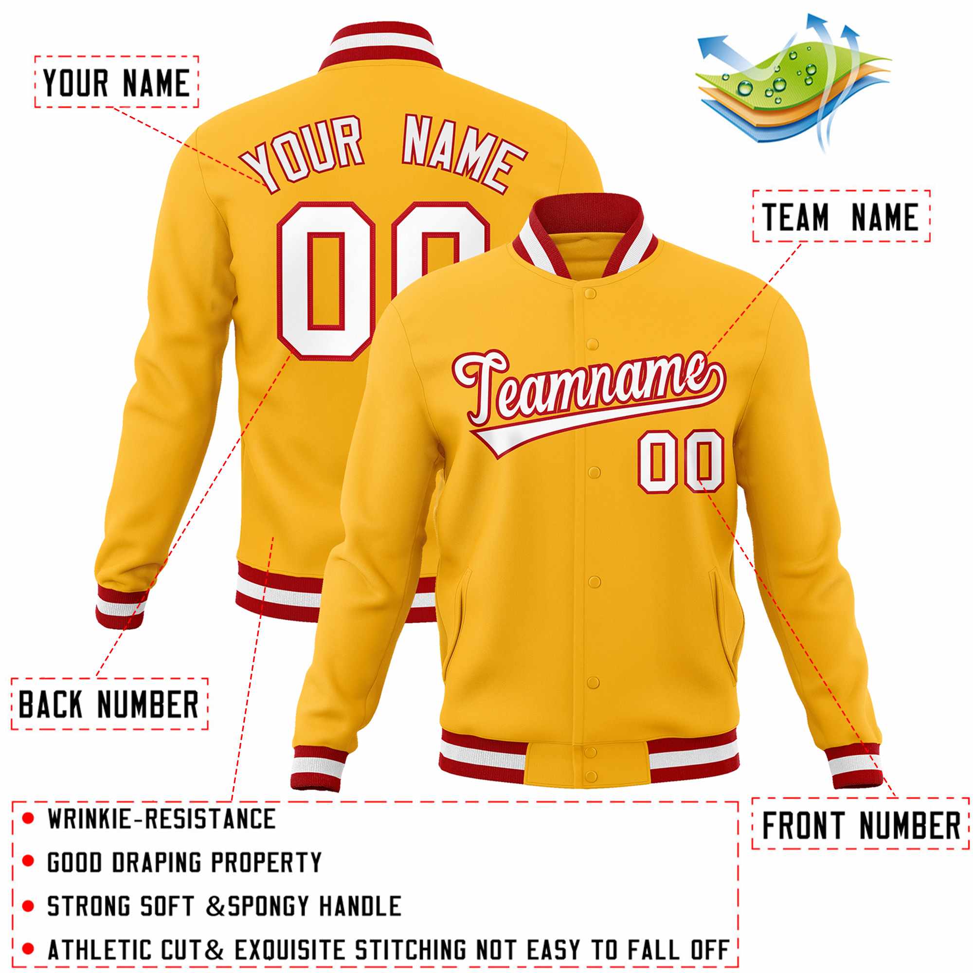 Custom Gold White-Red Classic Style Varsity Full-Snap Letterman Jacket