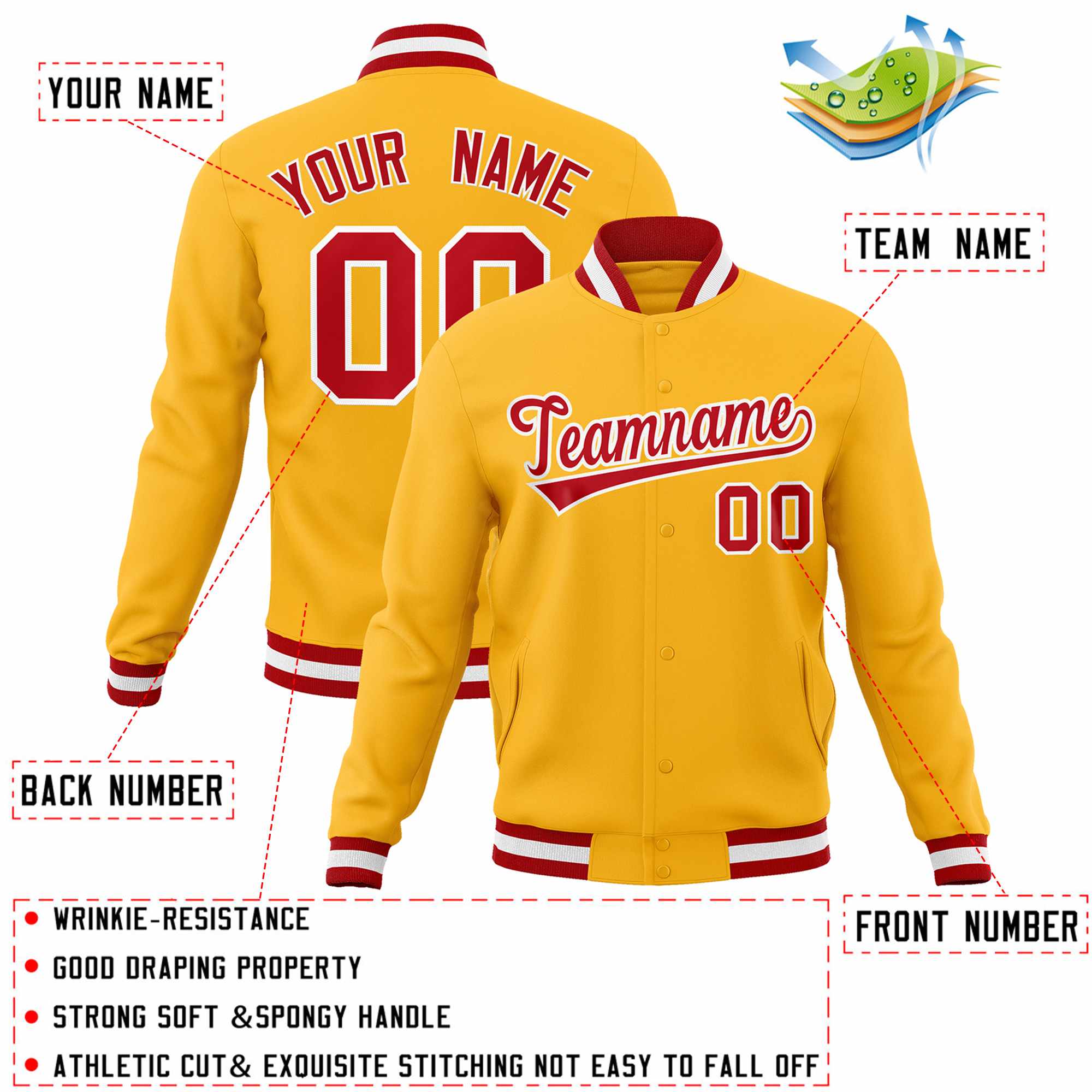 Custom Gold Red-White Classic Style Varsity Full-Snap Letterman Jacket