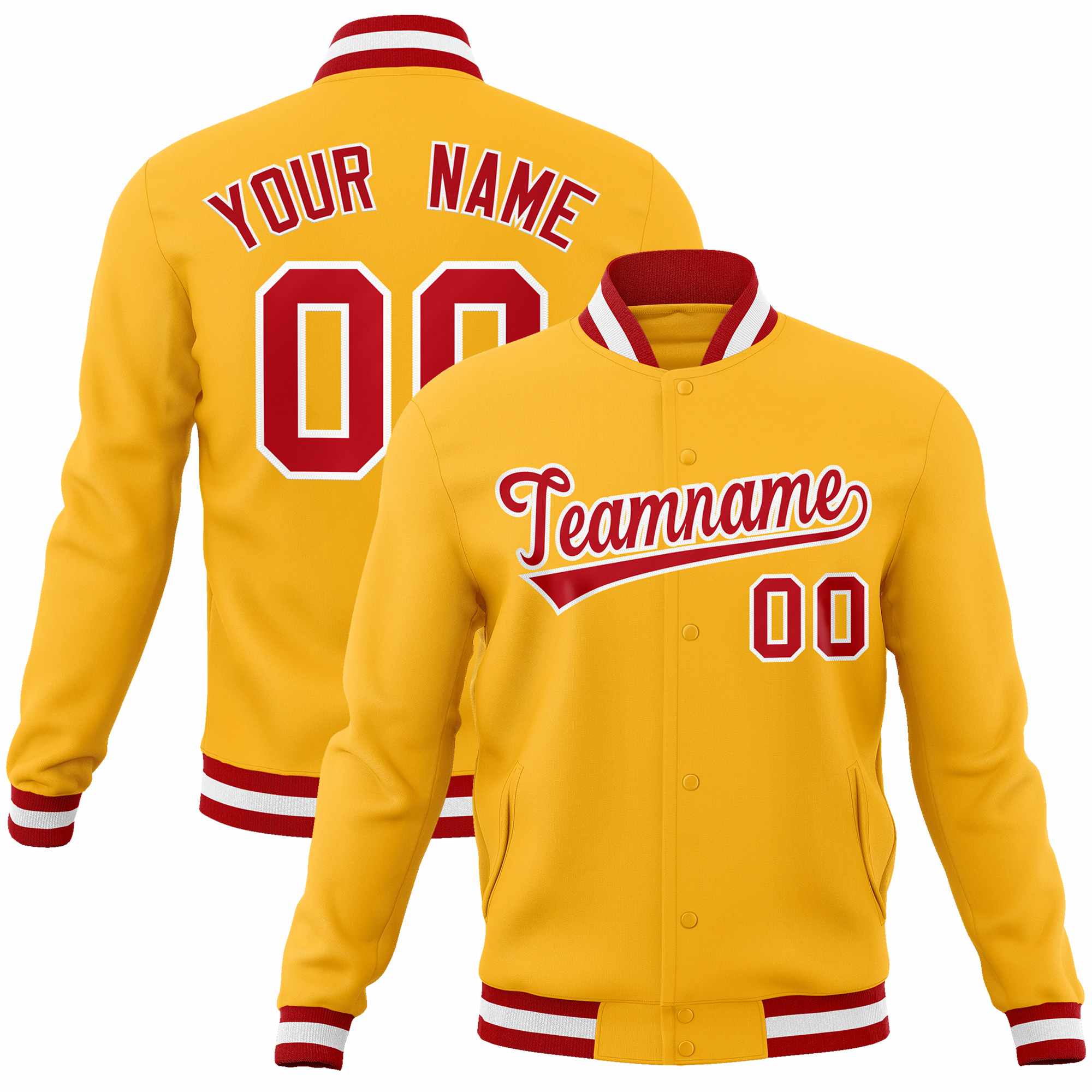 Custom Gold Red-White Classic Style Varsity Full-Snap Letterman Jacket