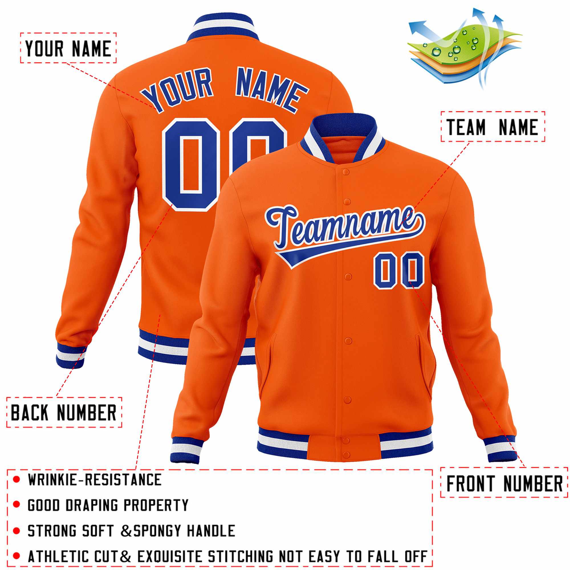 Custom Orange Royal-White Classic Style Varsity Full-Snap Letterman Jacket