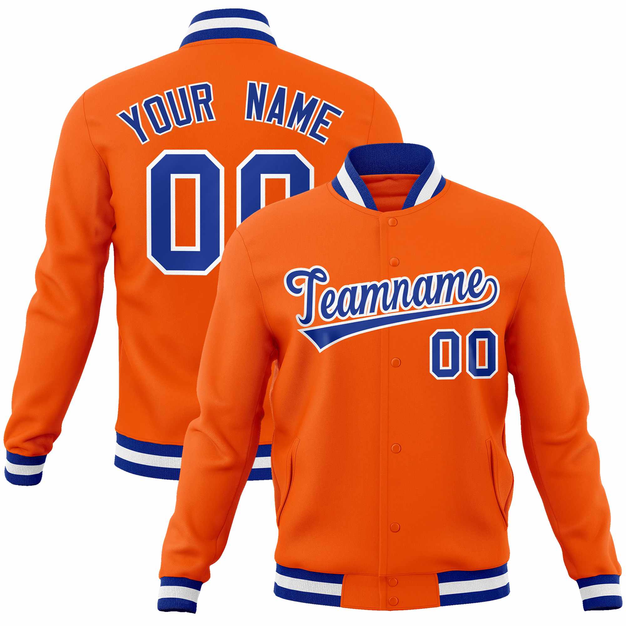 Custom Orange Royal-White Classic Style Varsity Full-Snap Letterman Jacket