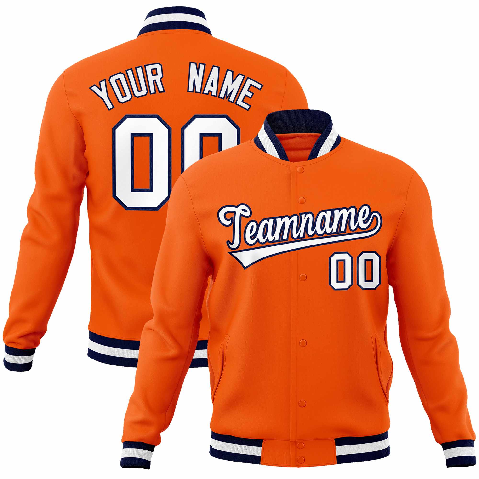 Custom Orange White-Navy Classic Style Varsity Full-Snap Letterman Jacket