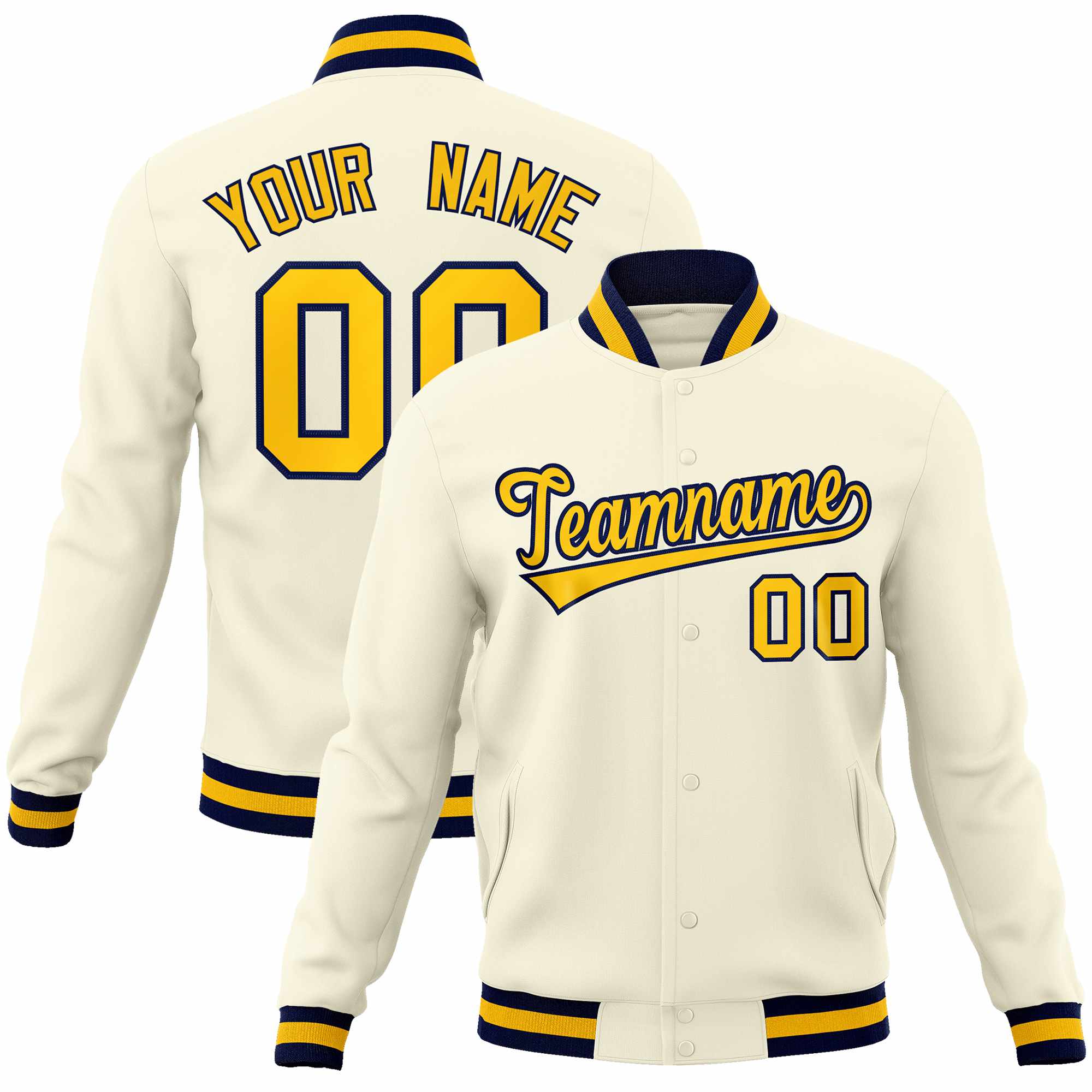 Custom Khaki Gold-Navy Classic Style Varsity Full-Snap Letterman Jacket