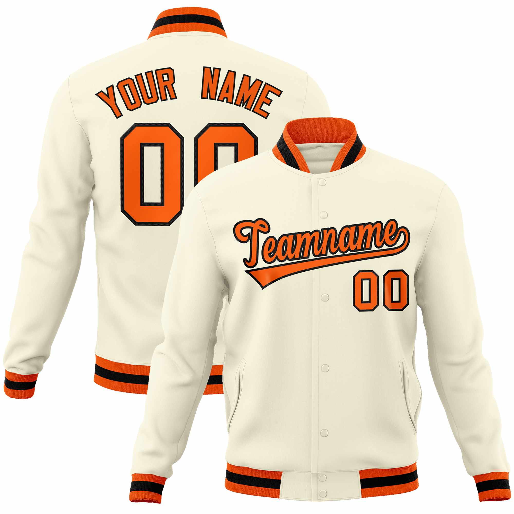 Custom Khaki Orange-Black Classic Style Varsity Full-Snap Letterman Jacket