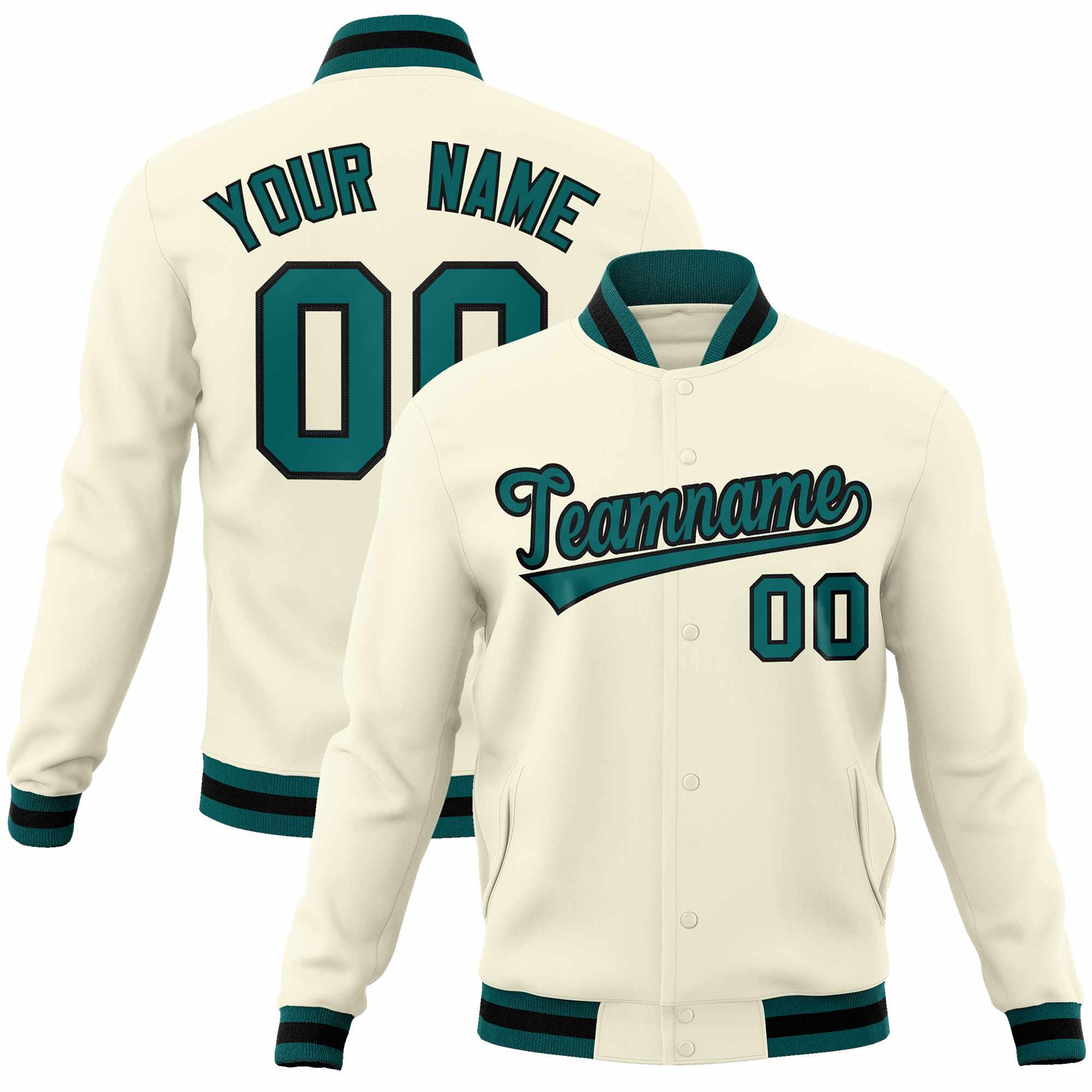 Custom Khaki Aqua-Black Classic Style Varsity Full-Snap Letterman Jacket