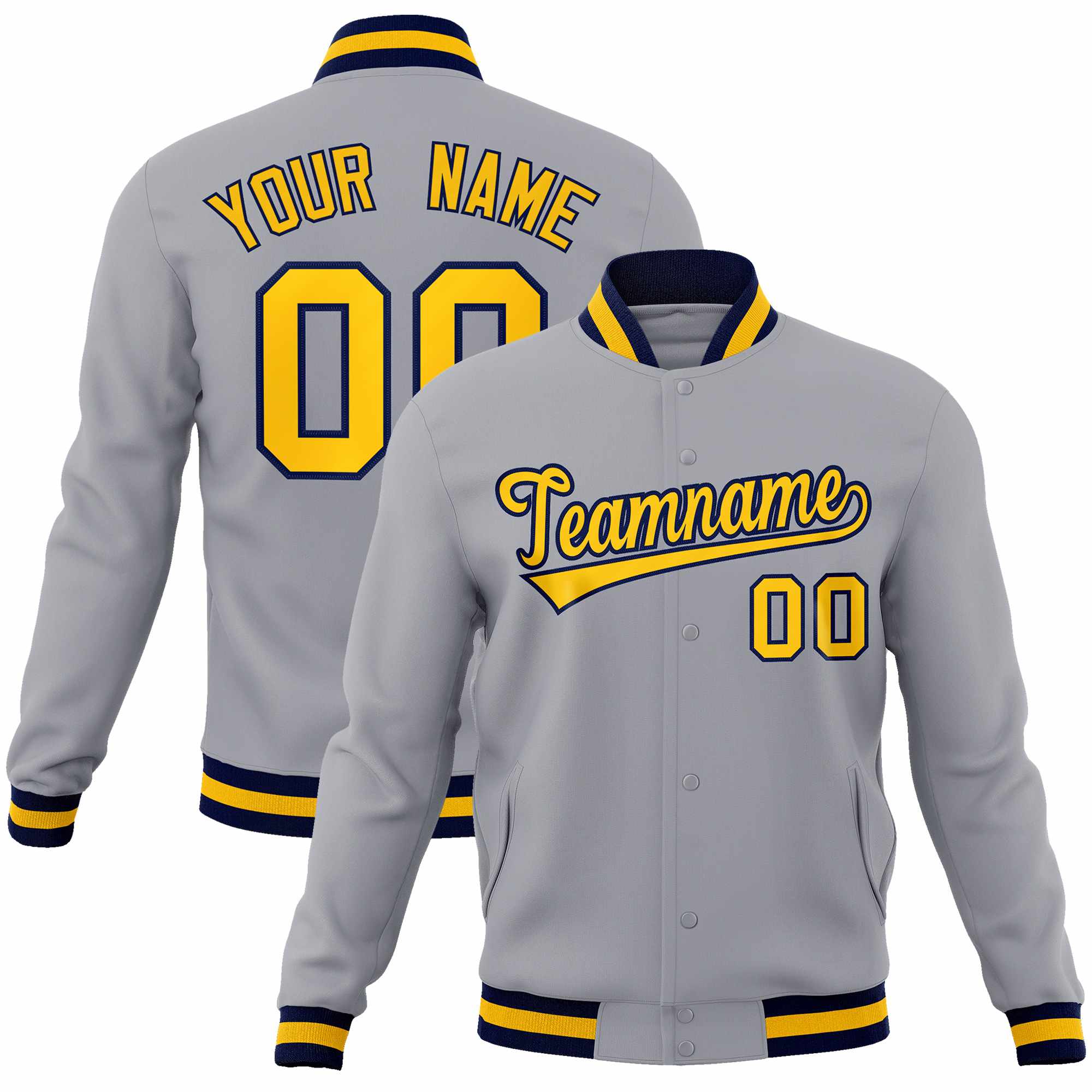 Custom Gray Gold-Navy Classic Style Varsity Full-Snap Letterman Jacket