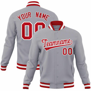 Custom Gray Red-White Classic Style Varsity Full-Snap Letterman Jacket