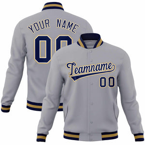 Custom Gray Navy-Old Gold Classic Style Varsity Full-Snap Letterman Jacket