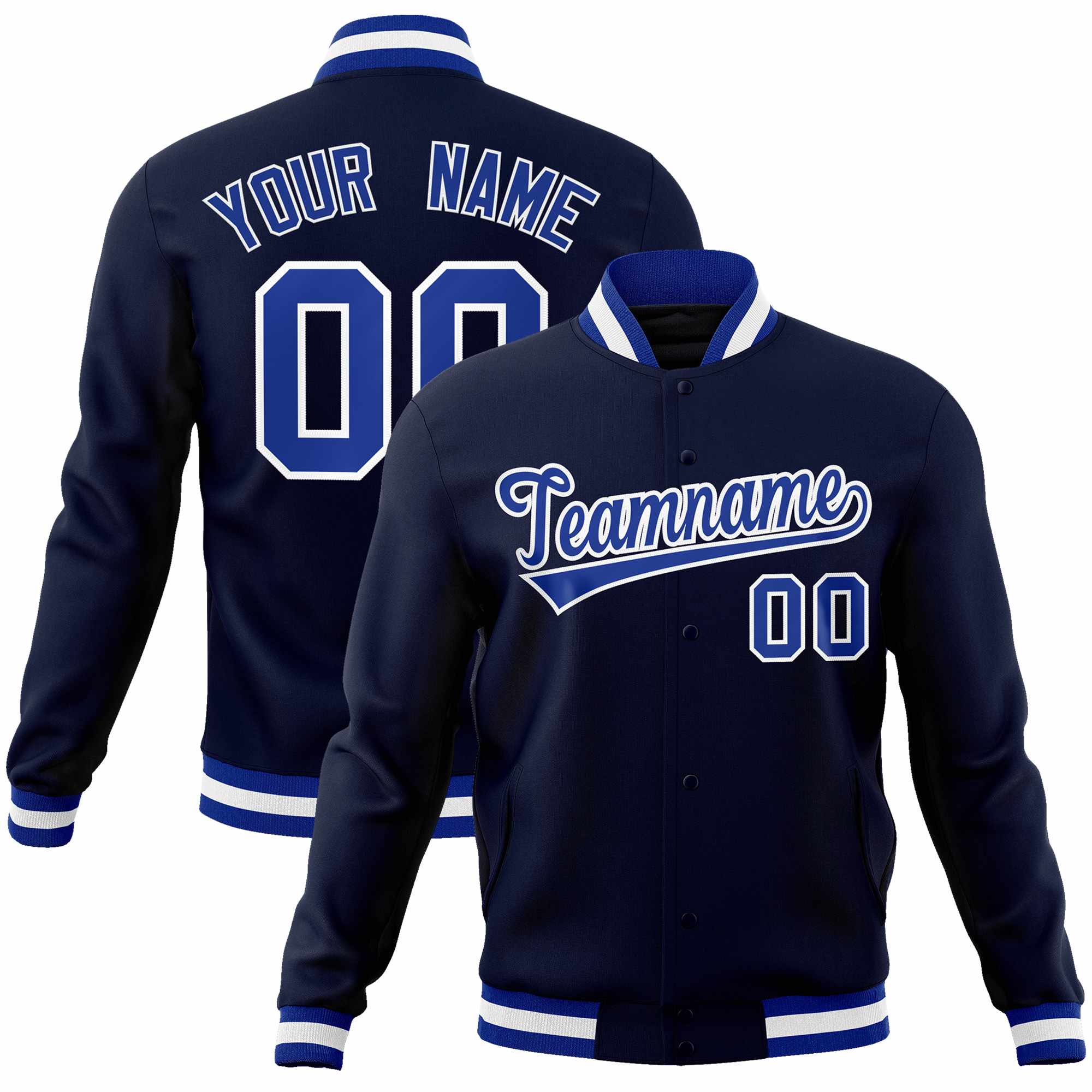 Custom Navy Royal-White Classic Style Varsity Full-Snap Letterman Jacket