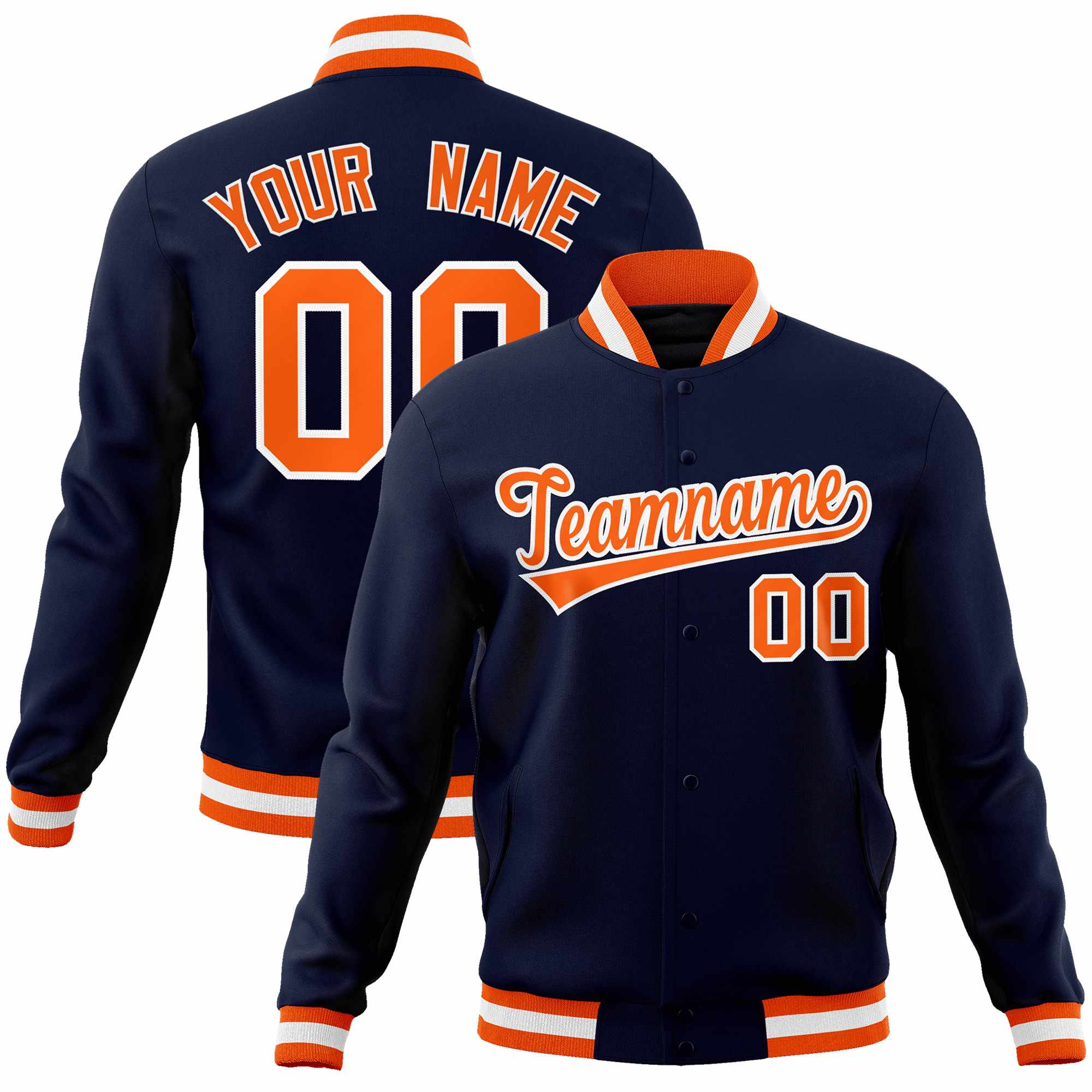 Custom Navy Orange-White Classic Style Varsity Full-Snap Letterman Jacket