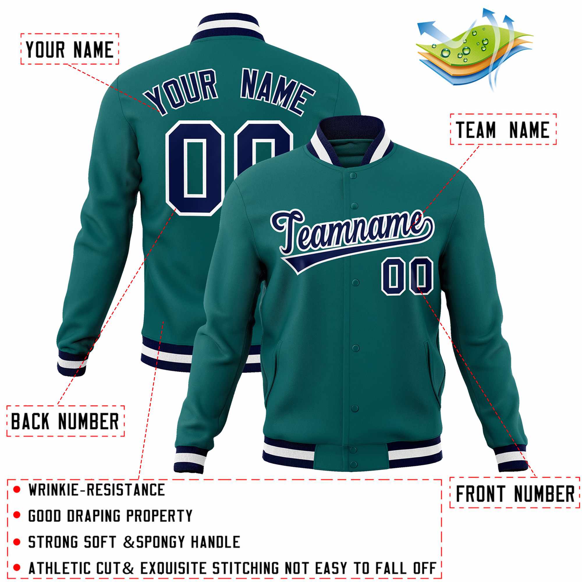 Custom Aqua Navy-White Classic Style Varsity Full-Snap Letterman Jacket