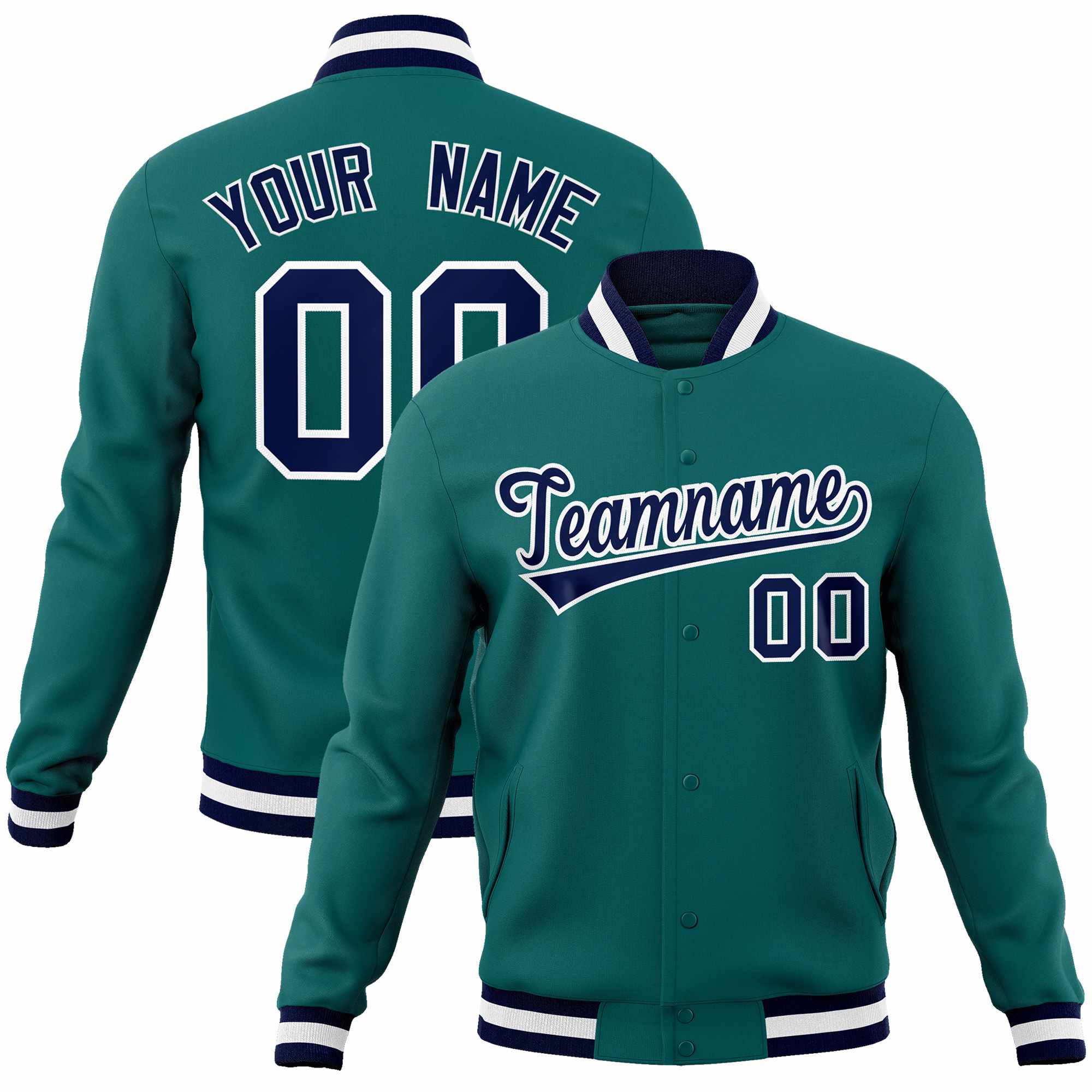 Custom Aqua Navy-White Classic Style Varsity Full-Snap Letterman Jacket