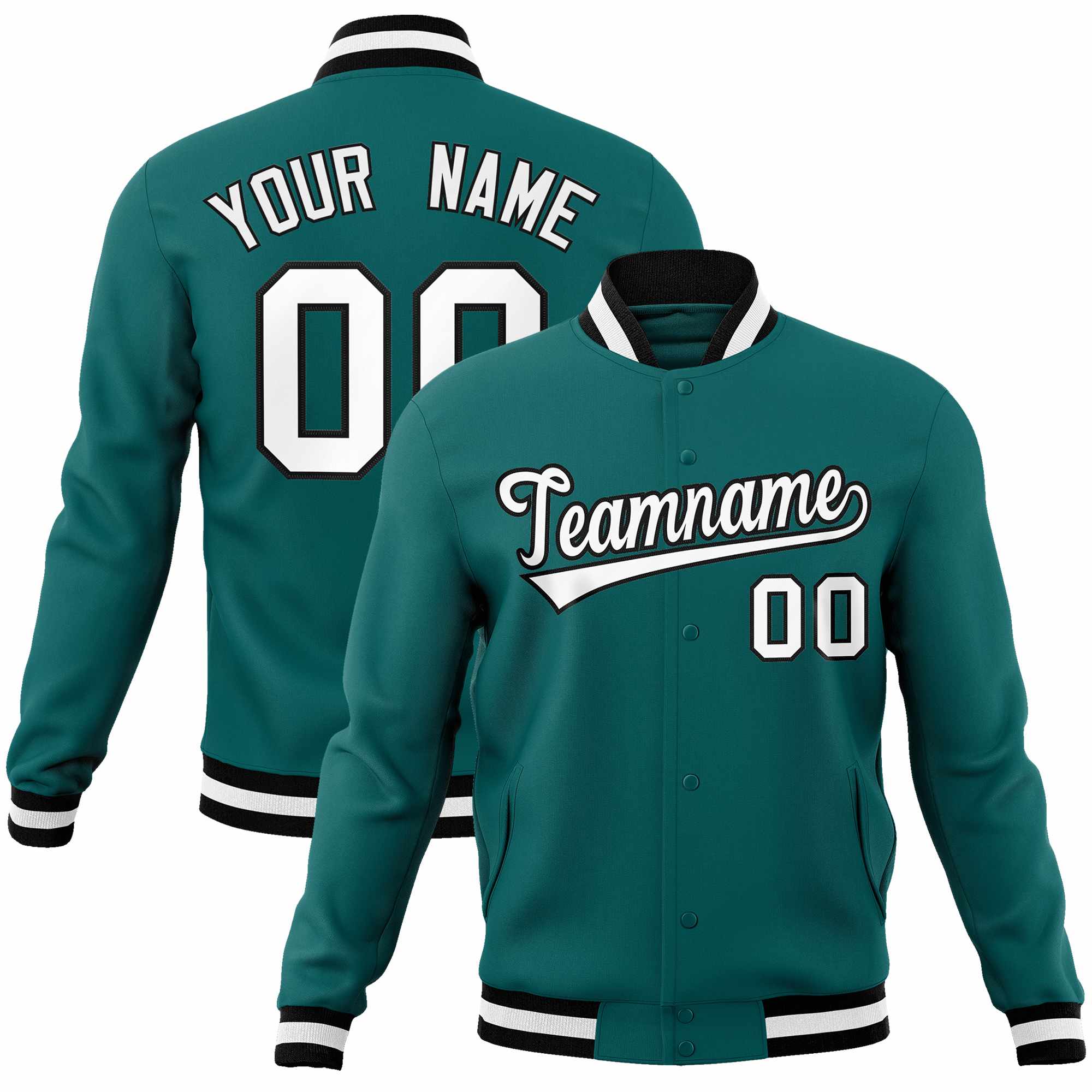 Custom Aqua White-Black Classic Style Varsity Full-Snap Letterman Jacket