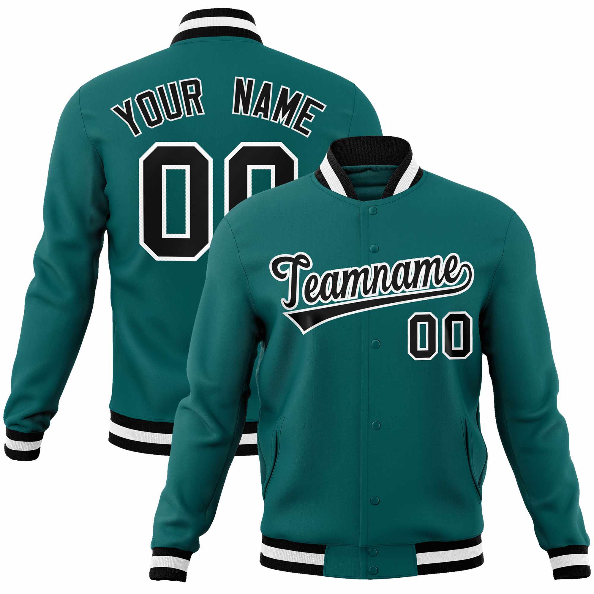 Custom Aqua Black-White Classic Style Varsity Full-Snap Letterman Jacket