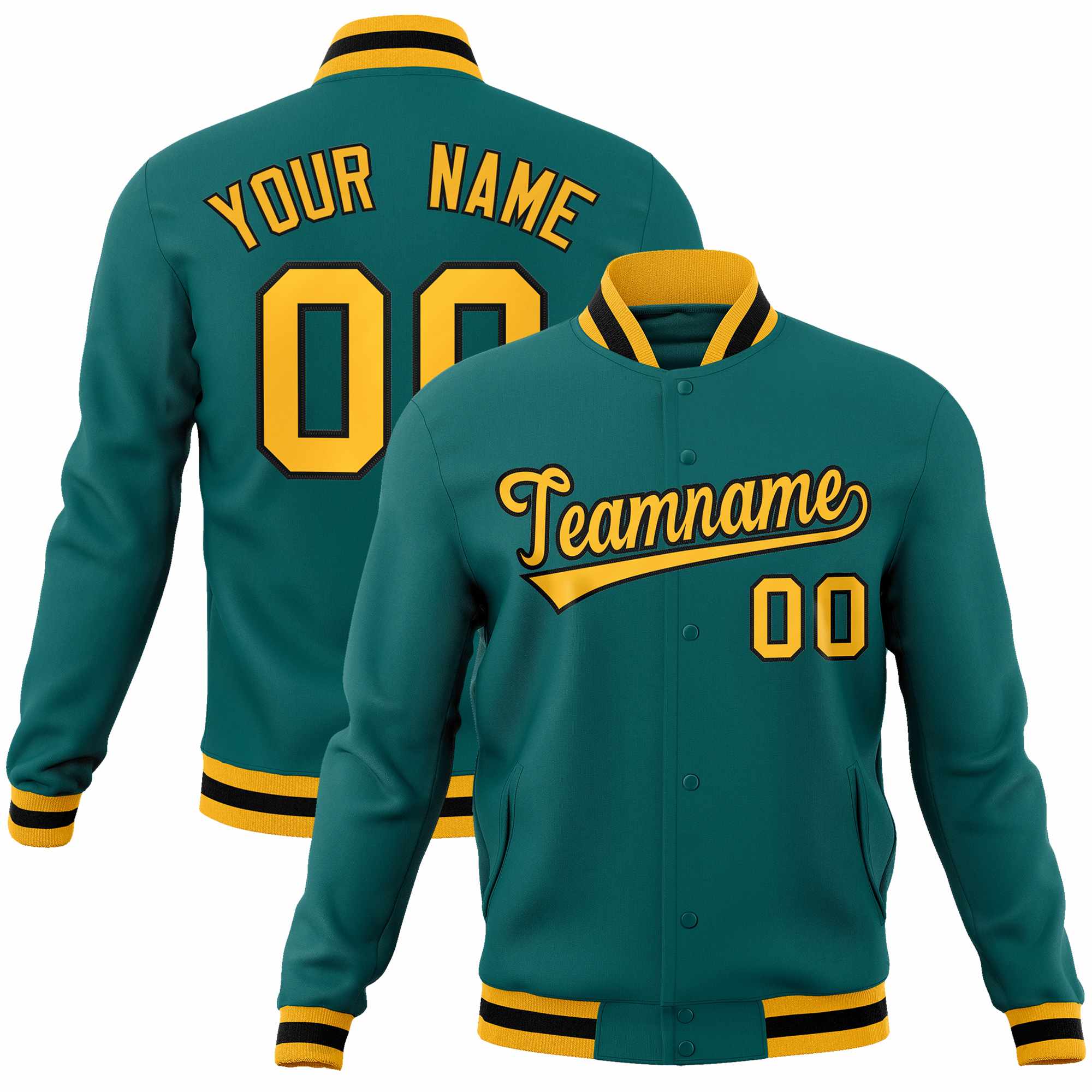 Custom Aqua Gold-Black Classic Style Varsity Full-Snap Letterman Jacket