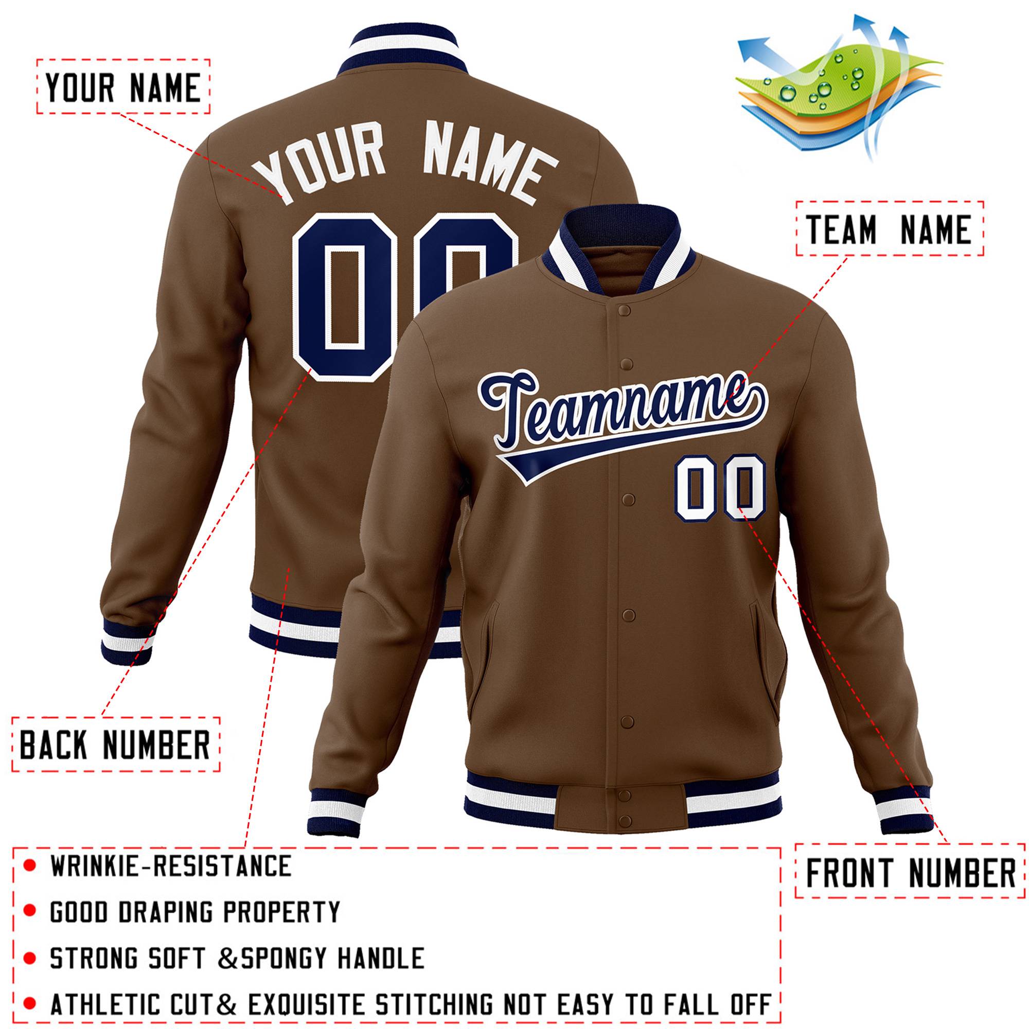 Custom Light Brown Navy-White Classic Style Varsity Full-Snap Letterman Jacket