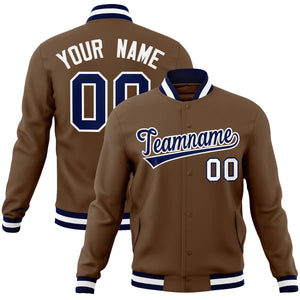 Custom Light Brown Navy-White Classic Style Varsity Full-Snap Letterman Jacket