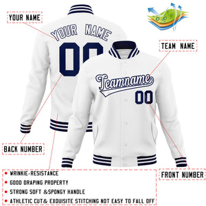 Custom White White-Navy Classic Style Varsity Full-Snap Letterman Jacket