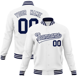 Custom White White-Navy Classic Style Varsity Full-Snap Letterman Jacket