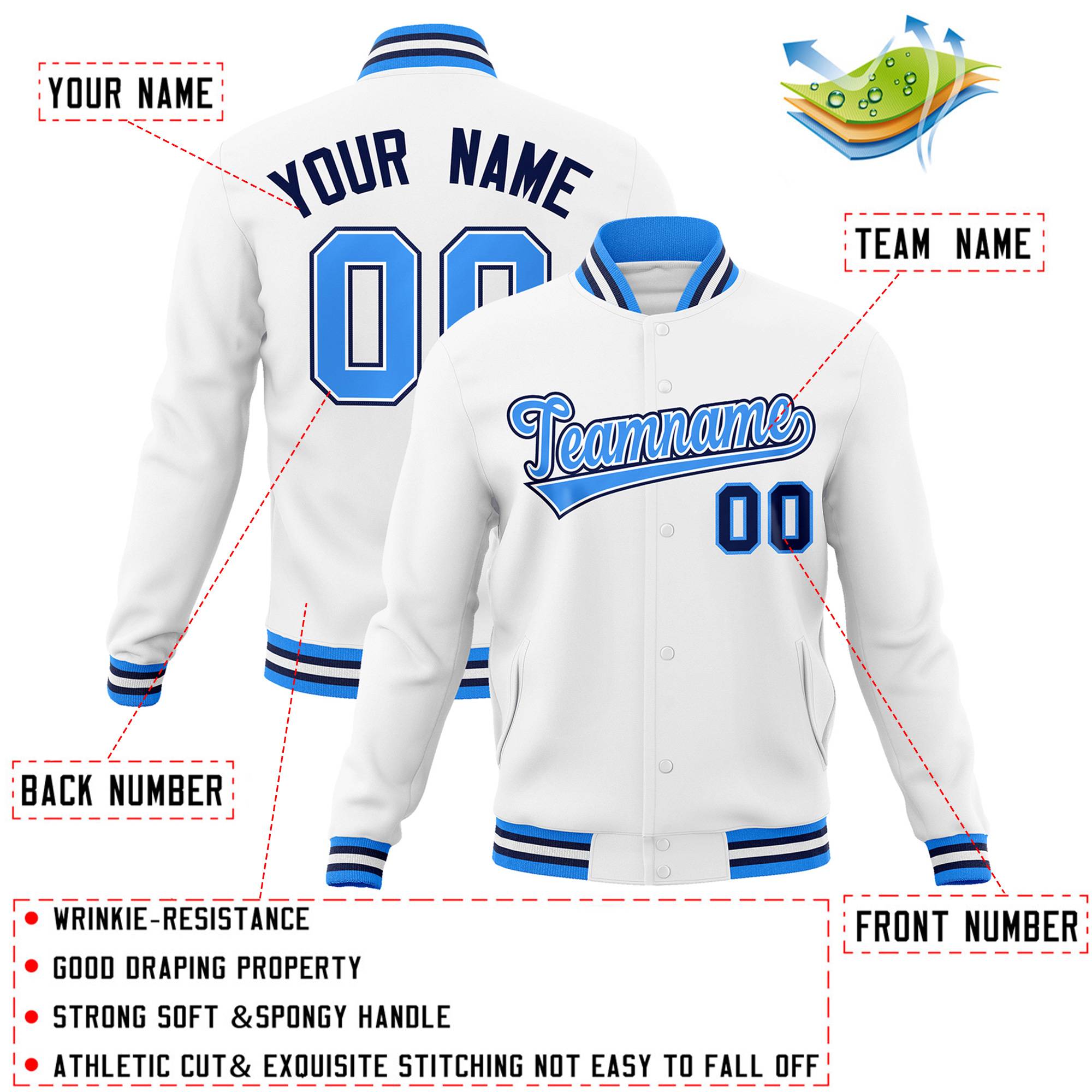 Custom White Powder Blue-White Classic Style Varsity Full-Snap Letterman Jacket