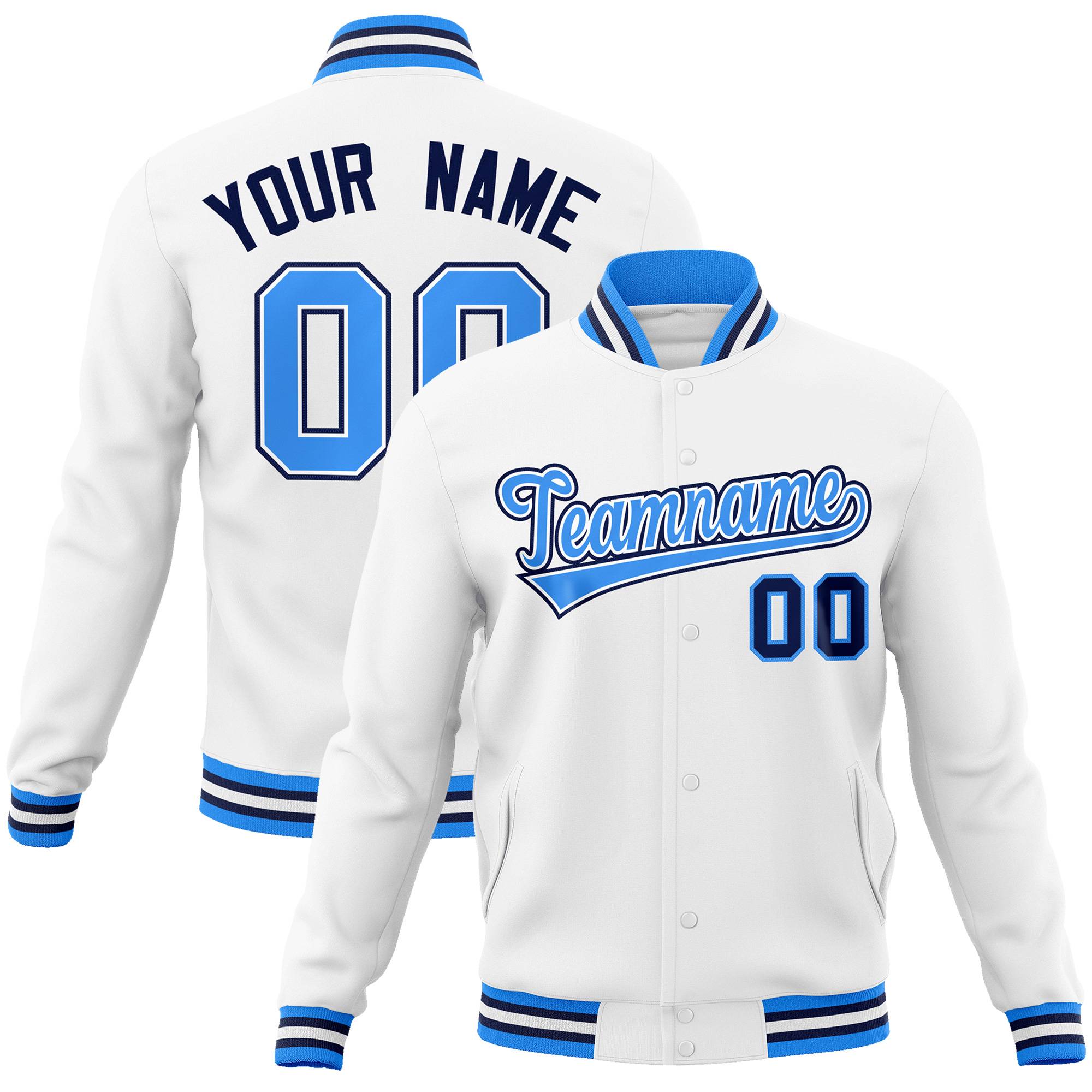 Custom White Powder Blue-White Classic Style Varsity Full-Snap Letterman Jacket