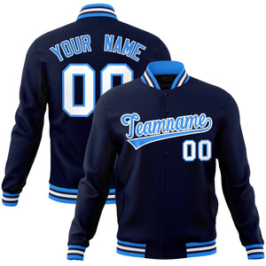 Custom Navy Powder Blue-White Classic Style Varsity Full-Snap Letterman Jacket