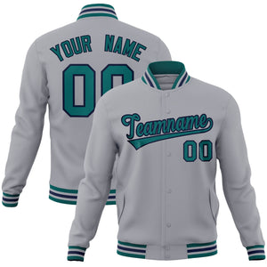 Custom Gray Aqua-Navy Classic Style Varsity Full-Snap Letterman Jacket