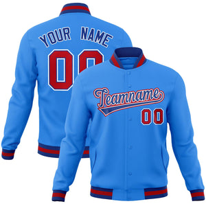 Custom Powder Blue Royal-White Classic Style Varsity Full-Snap Letterman Jacket