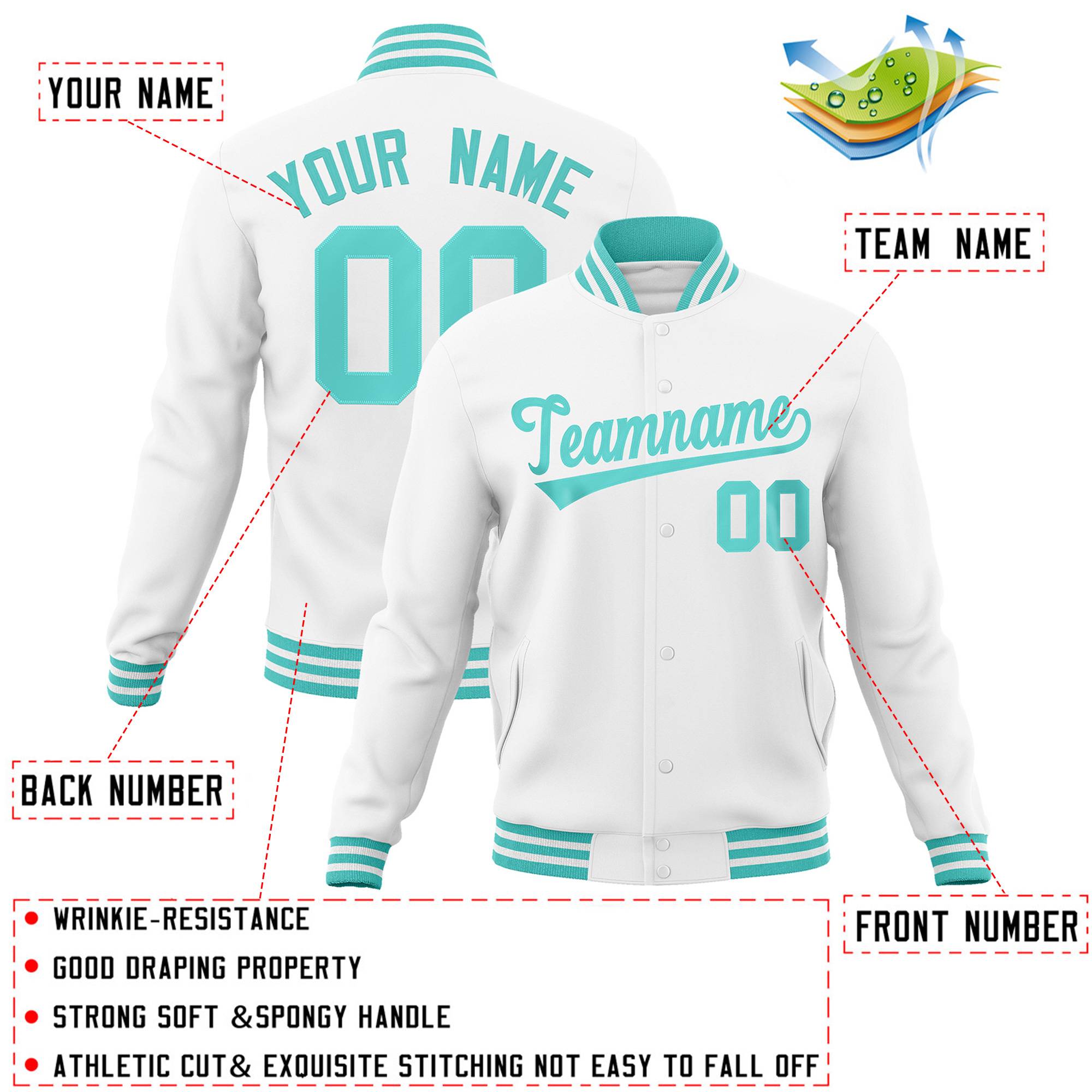 Custom White Aqua Classic Style Varsity Full-Snap Letterman Jacket