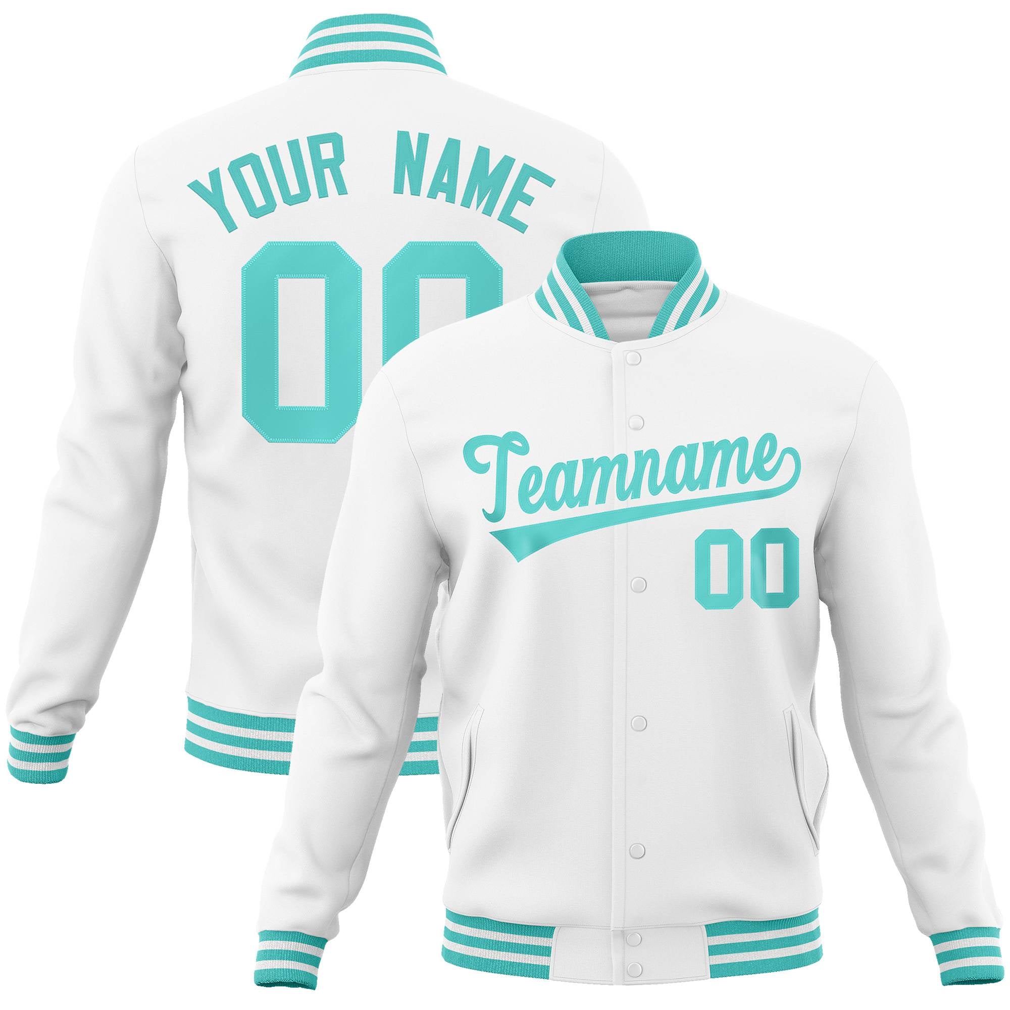 Custom White Aqua Classic Style Varsity Full-Snap Letterman Jacket