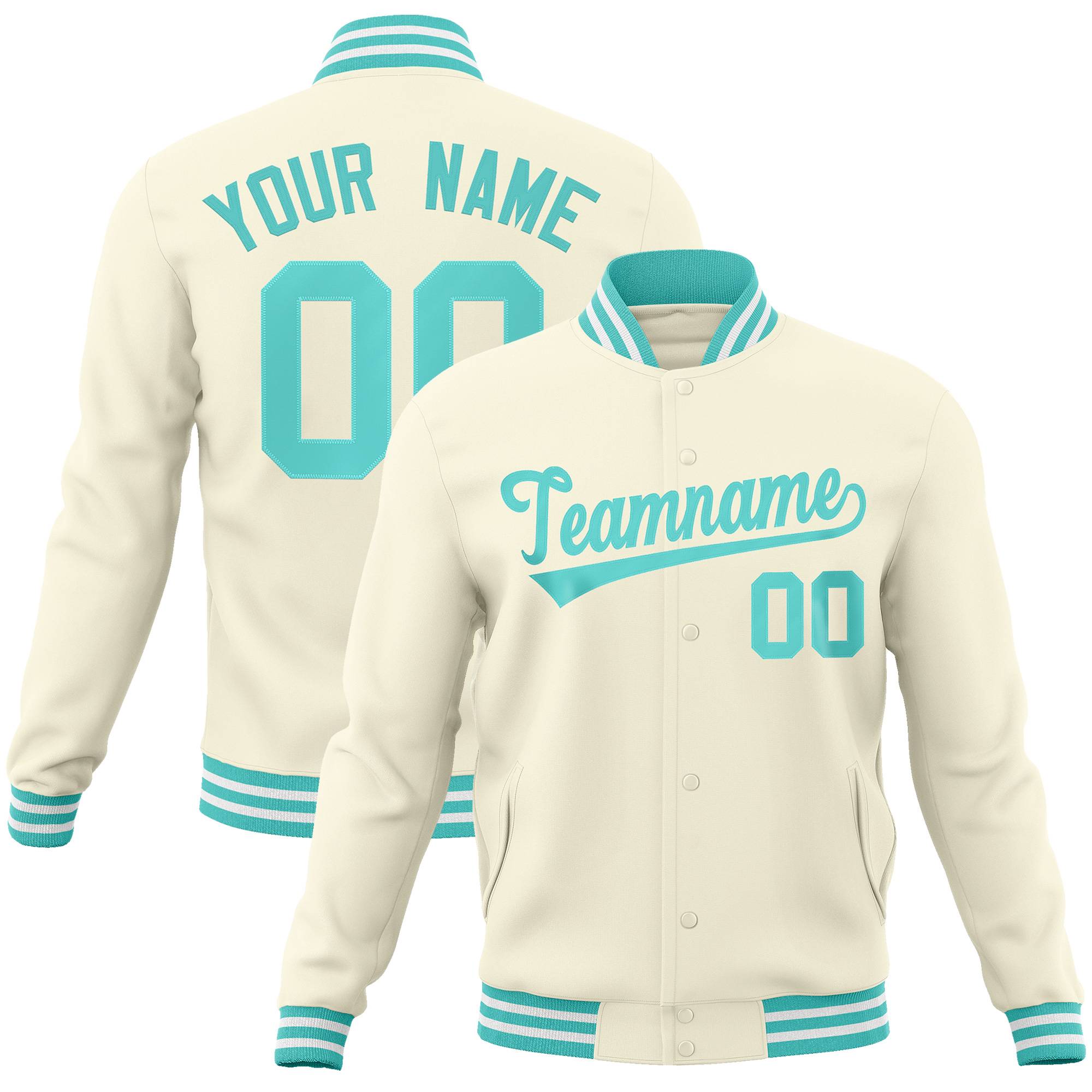 Custom Khaki Aqua Classic Style Varsity Full-Snap Letterman Jacket