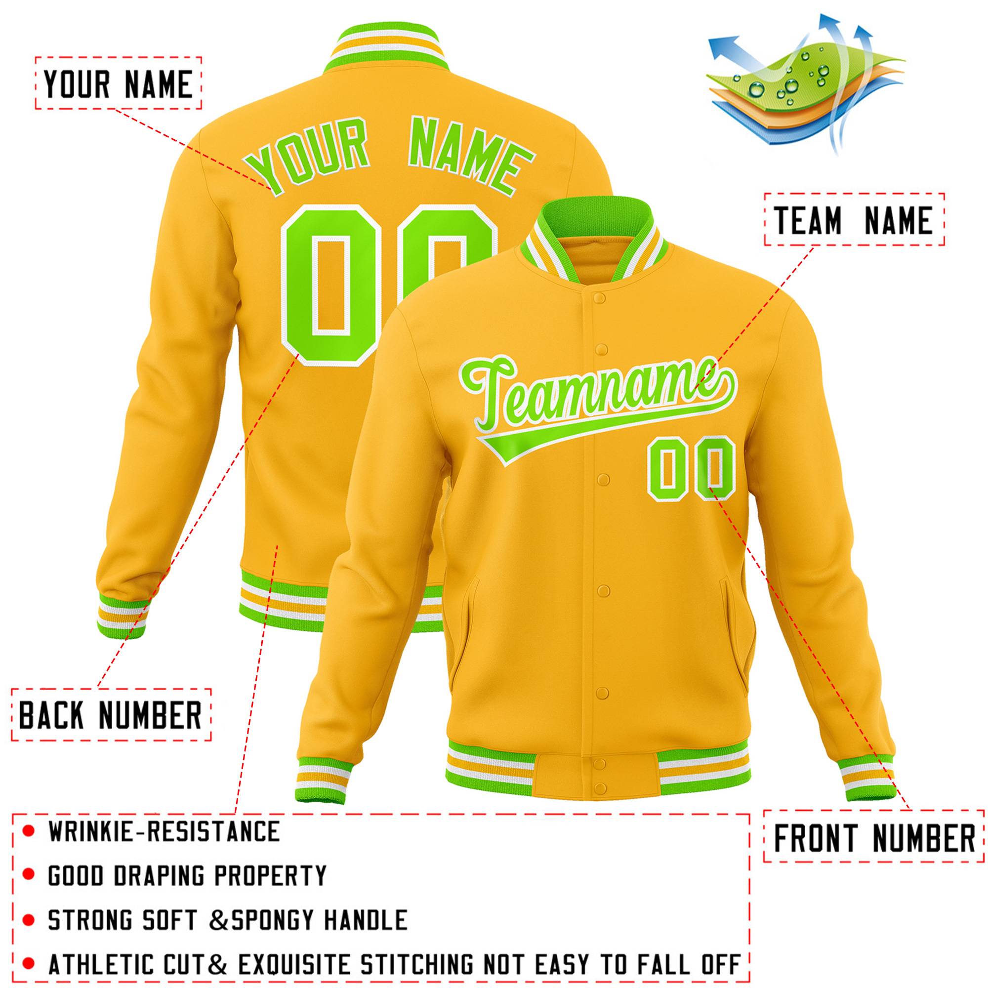 Custom Gold Neon Green-White Classic Style Varsity Full-Snap Letterman Jacket