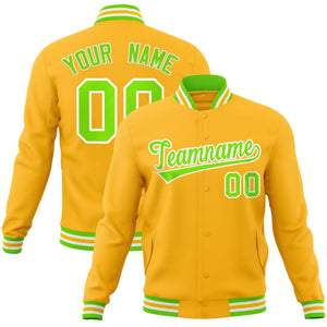 Custom Gold Neon Green-White Classic Style Varsity Full-Snap Letterman Jacket