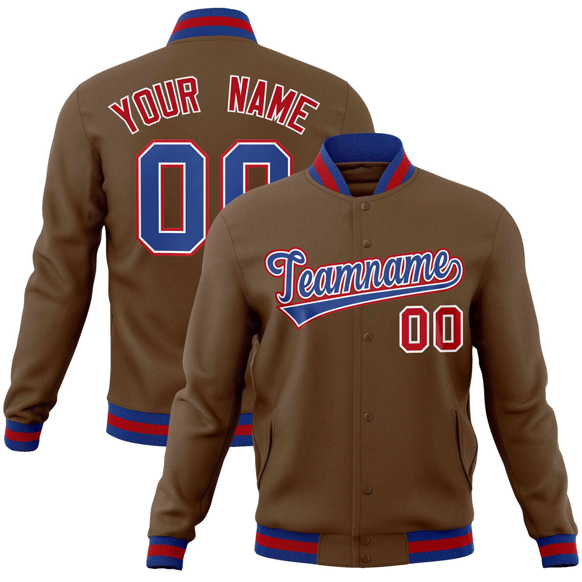 Custom Light Brown Royal-White Classic Style Varsity Full-Snap Letterman Jacket