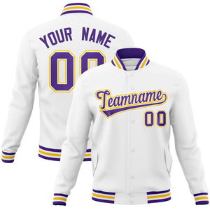 Custom White Purple-White Classic Style Varsity Full-Snap Letterman Jacket