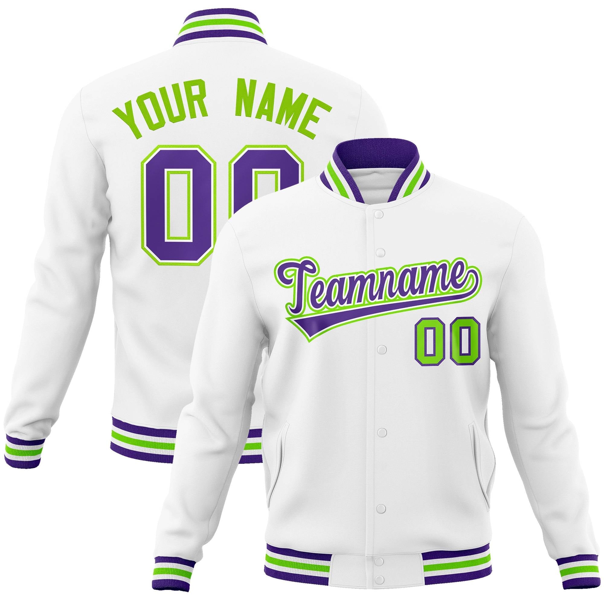 Custom White Purple-White Classic Style Varsity Full-Snap Letterman Jacket