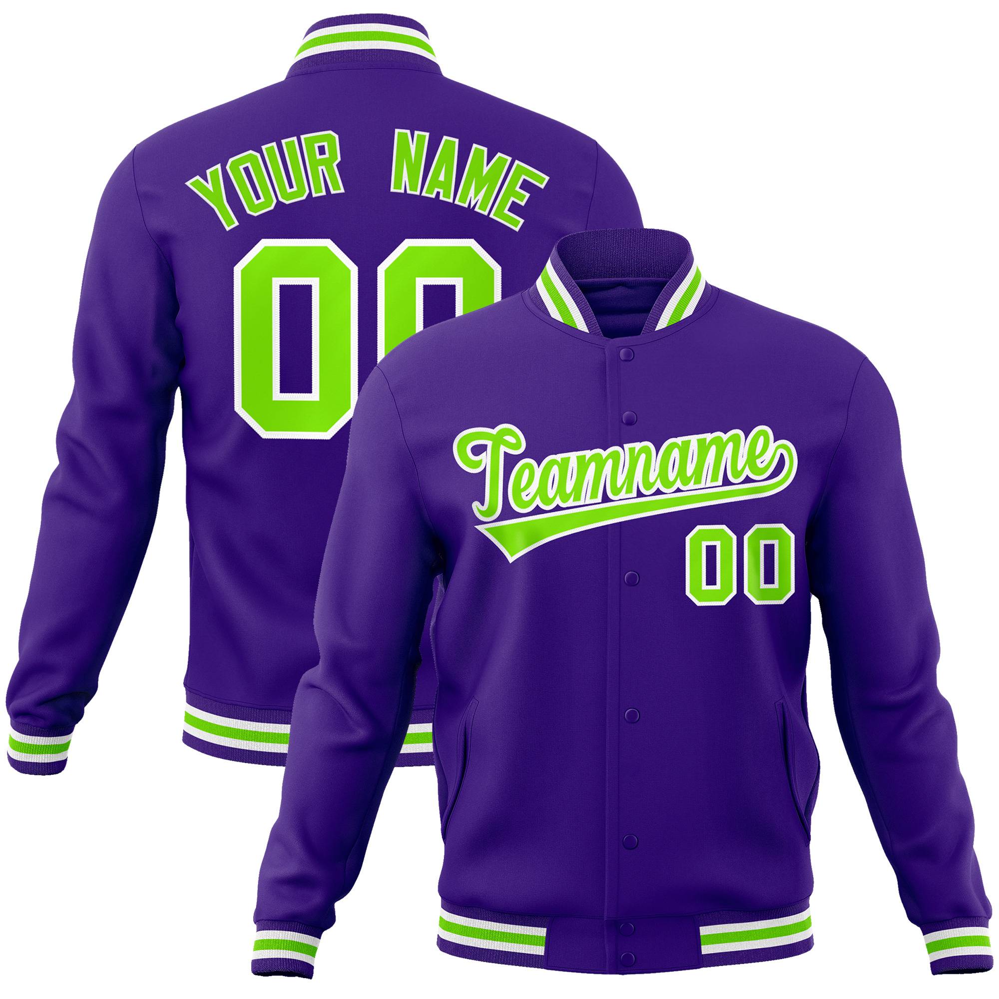 Custom Purple Neon Green-White Classic Style Varsity Full-Snap Letterman Jacket