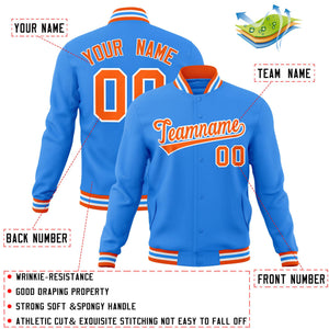 Custom Powder Blue Orange-White Classic Style Varsity Full-Snap Letterman Jacket