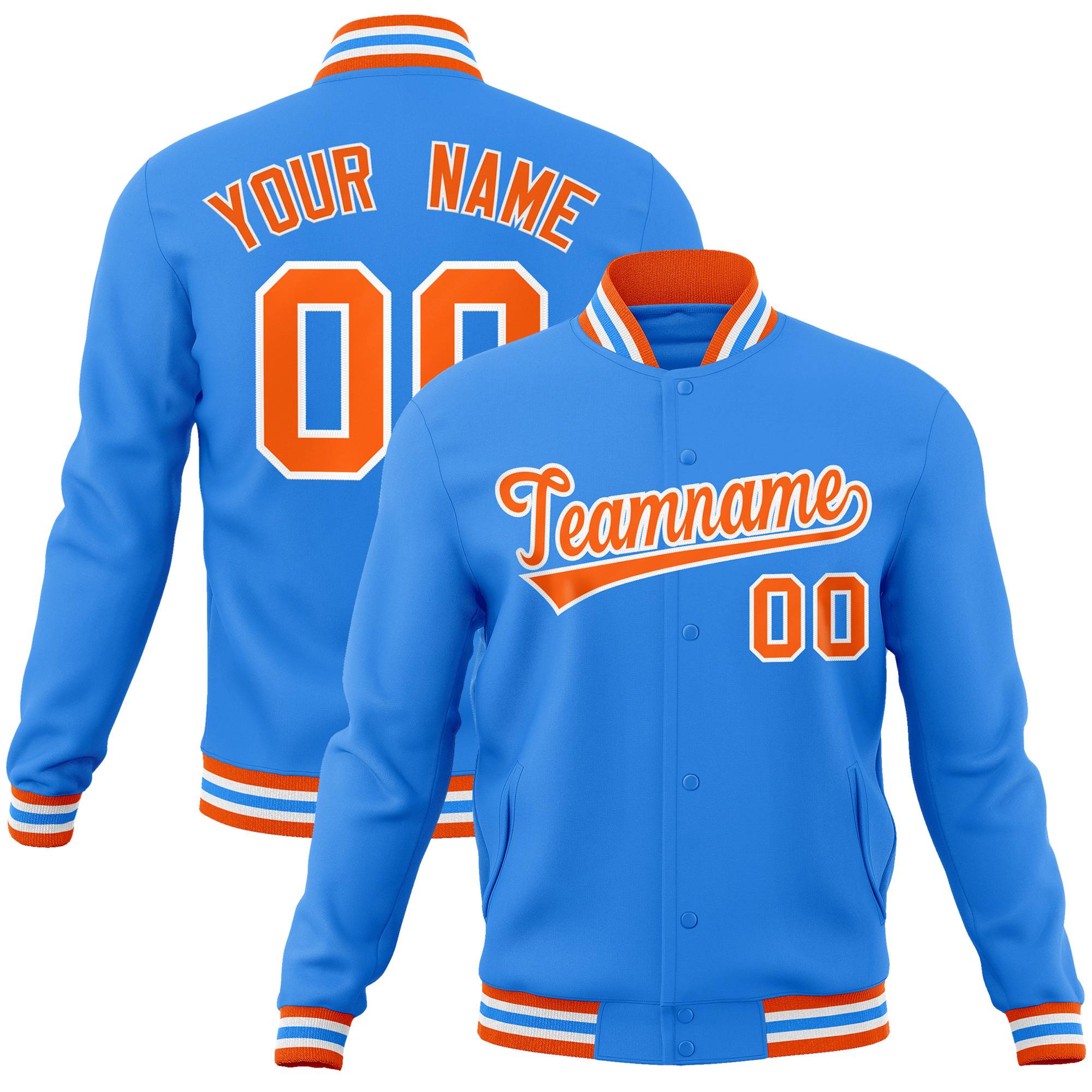 Custom Powder Blue Orange-White Classic Style Varsity Full-Snap Letterman Jacket