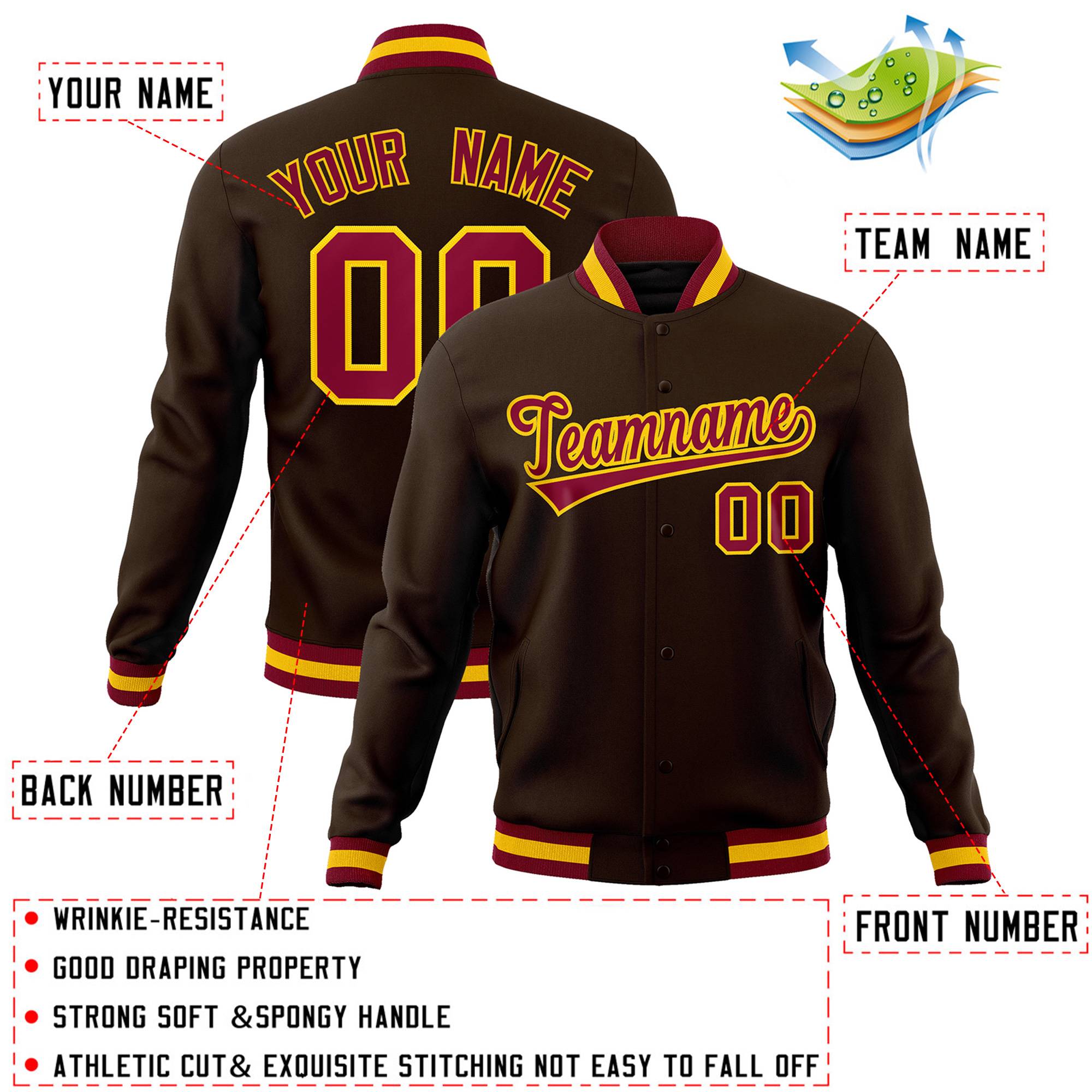 Custom Brown Crimson-Gold Classic Style Varsity Full-Snap Letterman Jacket