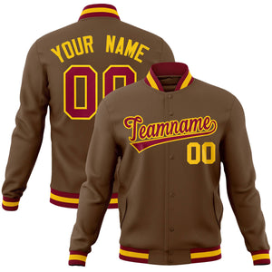 Custom Light Brown Crimson-Gold Classic Style Varsity Full-Snap Letterman Jacket