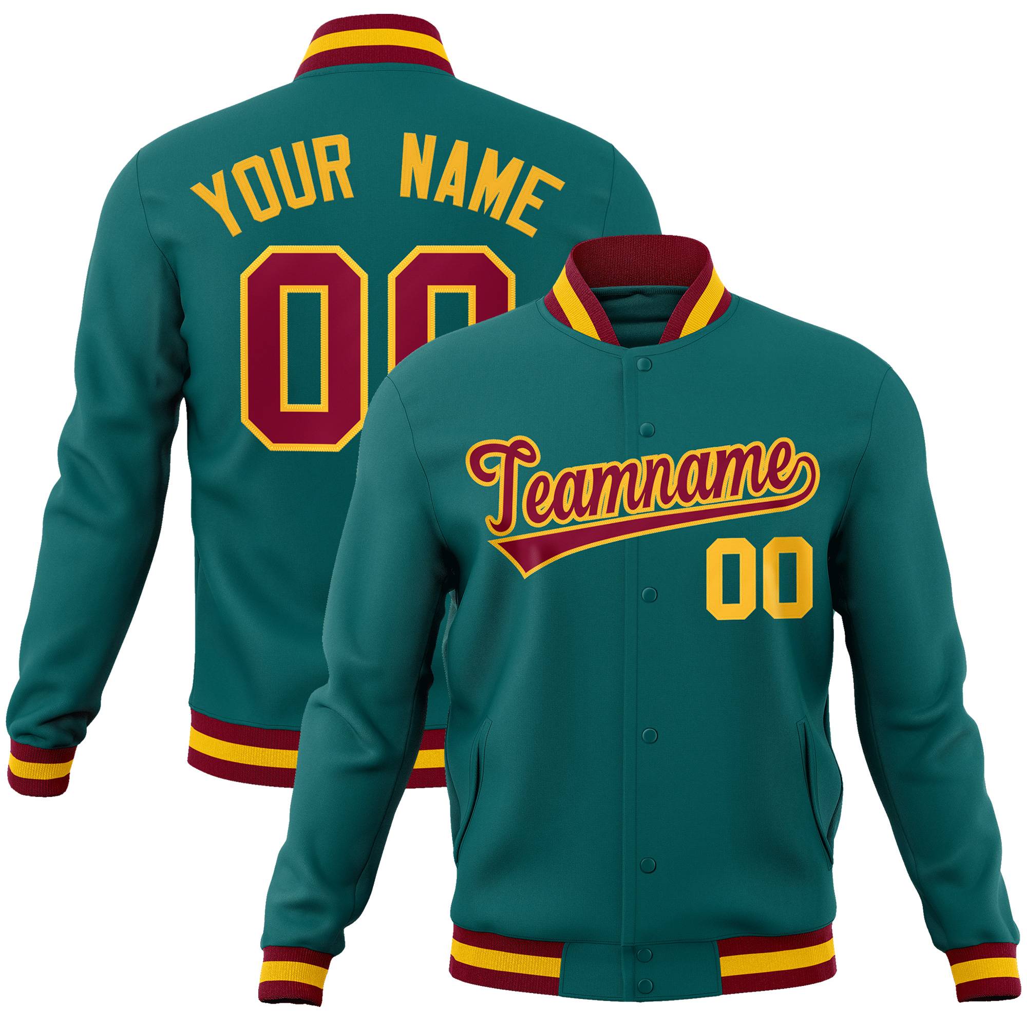 Custom Aqua Crimson-Gold Classic Style Varsity Full-Snap Letterman Jacket