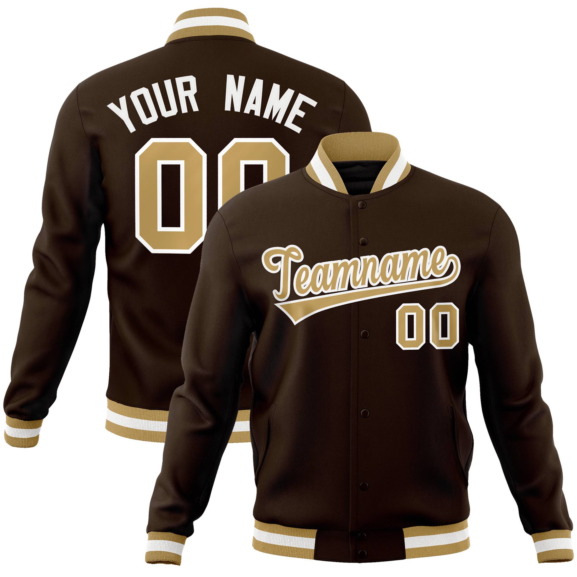 Custom Brown Old Gold-White Classic Style Varsity Full-Snap Letterman Jacket