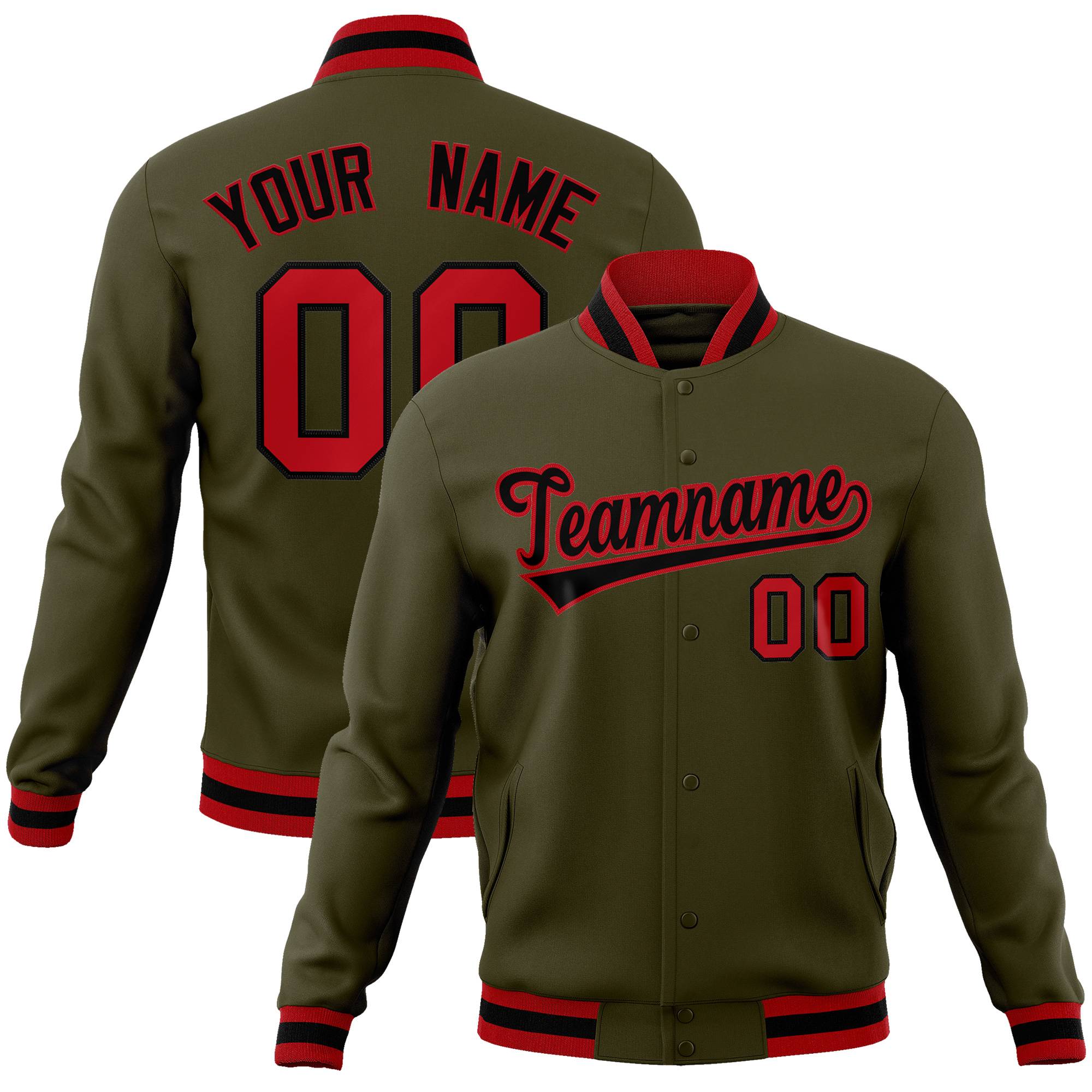 Custom Olive Black-Red Classic Style Varsity Full-Snap Letterman Jacket