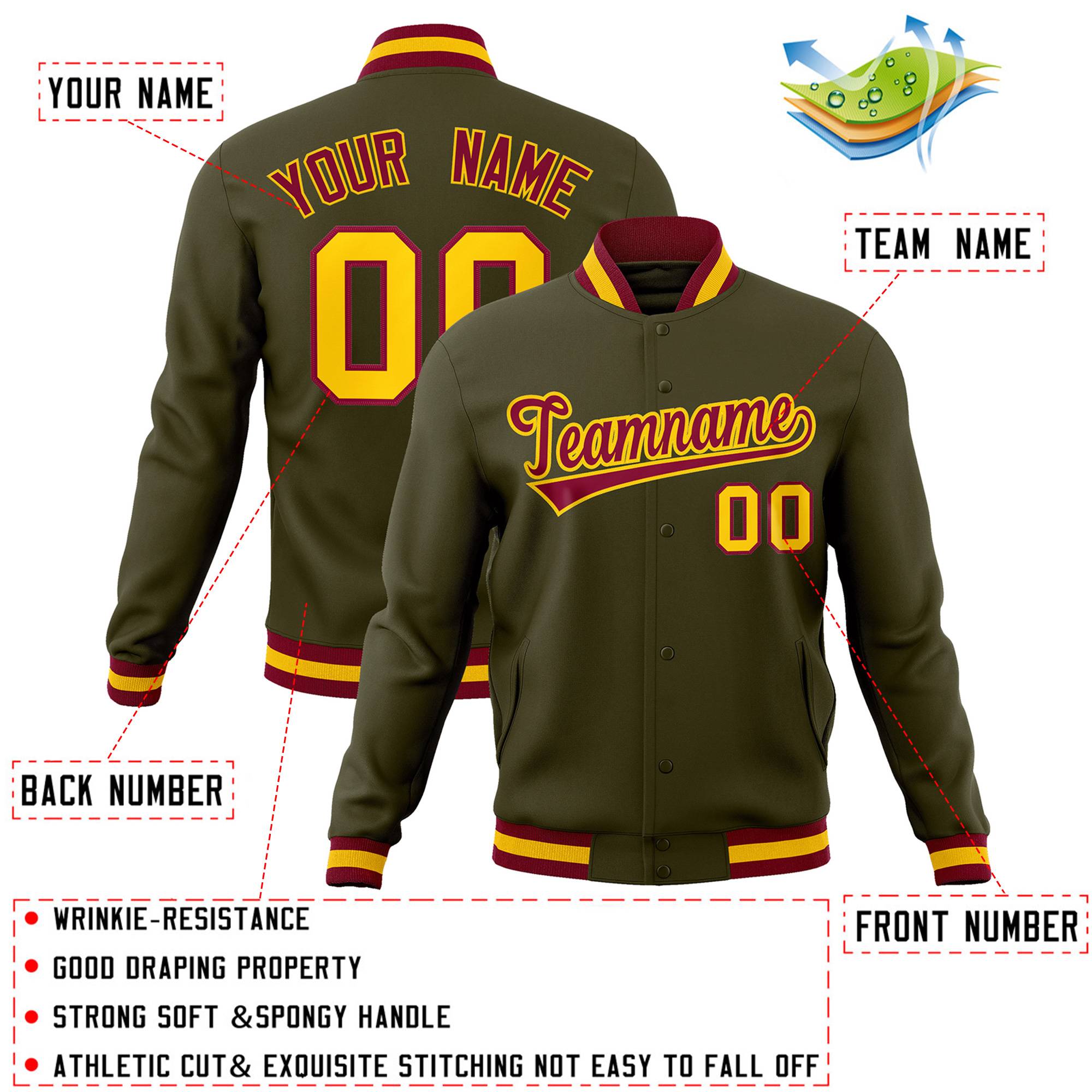 Custom Olive Crimson-Gold Classic Style Varsity Full-Snap Letterman Jacket